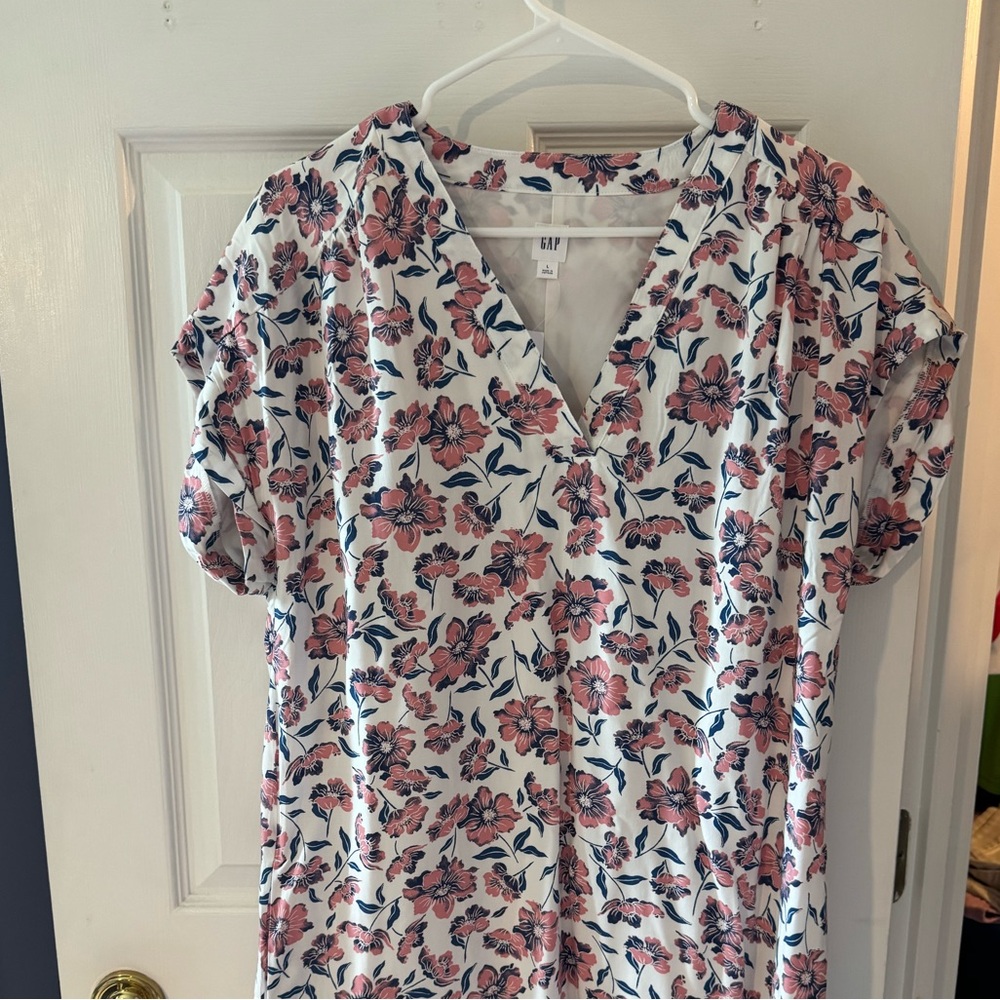 GAP Floral Midi Dress in White with Pink and Blue